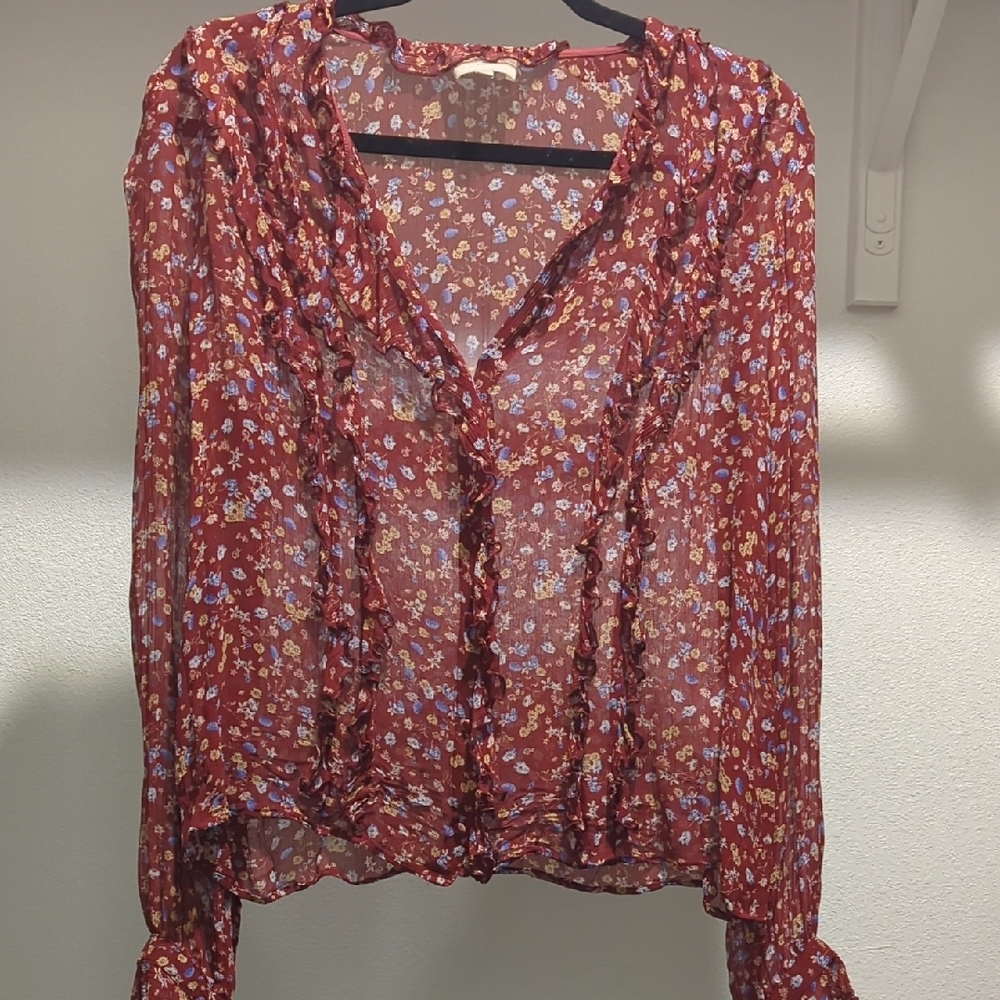 Sezane Floral Red Sheer Women's Top